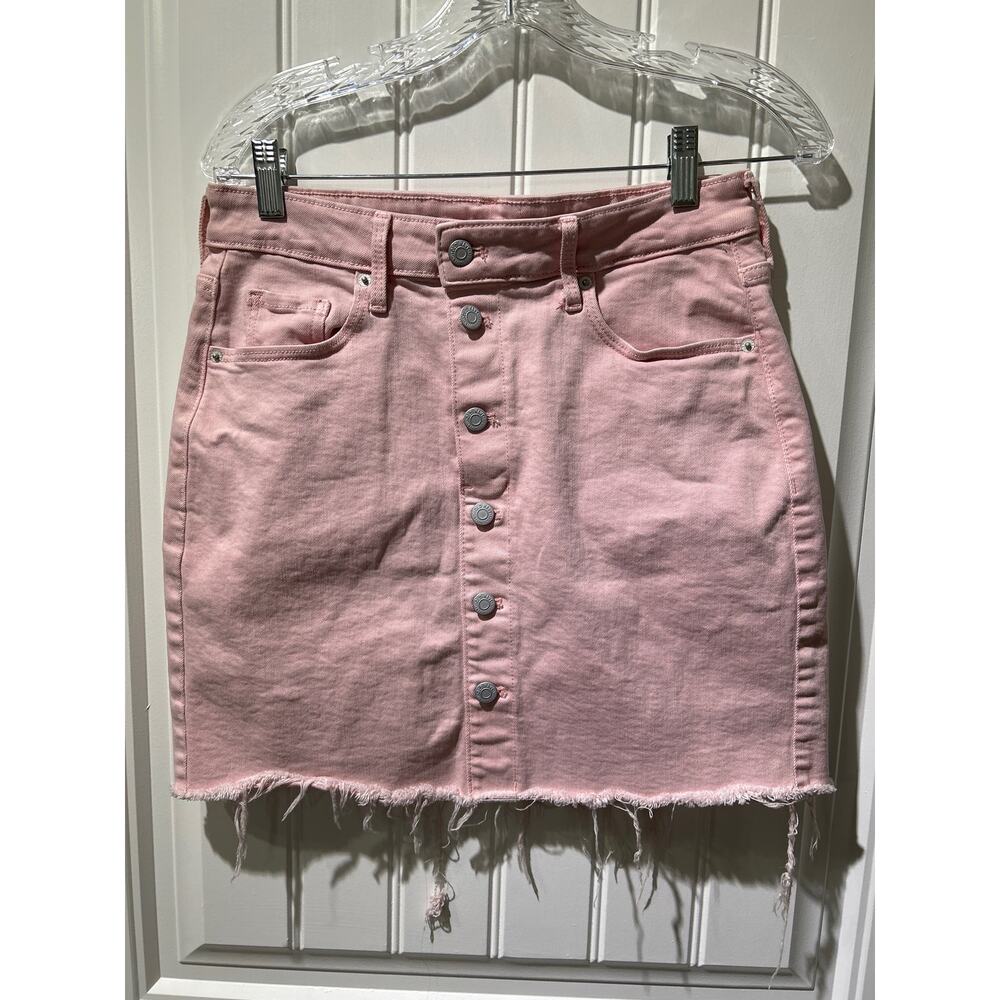 Old Navy Pink Denim Jean Button Down Skirt with Frayed Hem, Size 6, Pre-Owned